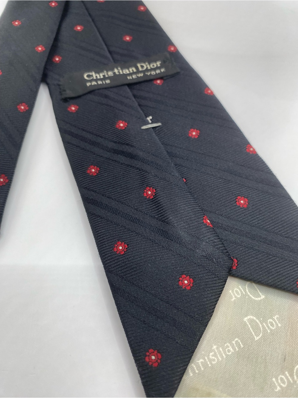 Dior Men’s Dark Blue Tie with Red Floral Motif